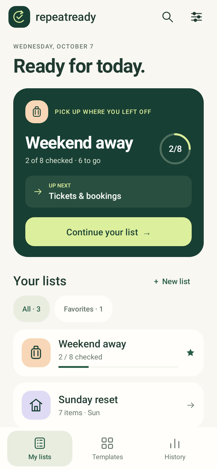 RepeatReady home design preview showing the Weekend away list and next unchecked item.
